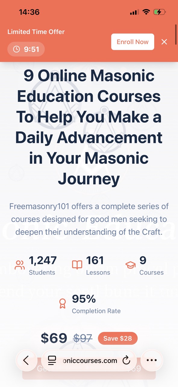 MasonicCourses.com shown on a mobile phone